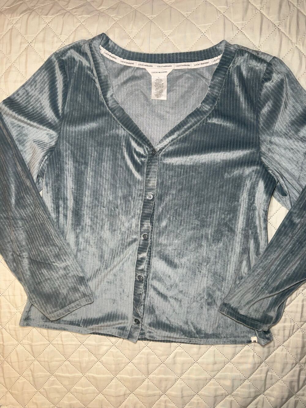 Lucky Brand Womens XL Blue Gray Velvet Ribbed Cardigan Button Front Long Sleeve